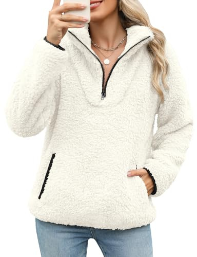 Tuopuda Sudaderas sin Capucha con Cremallera Mujer Jersey de Forro Polar Suelto Sólido Manga Larga Suéter con Bolsillos Sudadera Caliente y Esponjoso Chaquetas Tops Otoño Invierno(Blanco,XXL)