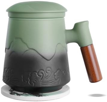 ZENS Tea Mug with Infuser and Lid for Loose Leaf Tea Steeper, 15.2oz Ceramic Tea Cup with Fine Tea Strainers and Absorb Coaster, Wood Handle Large Diffusers Mugs Tea Lovers Gifts