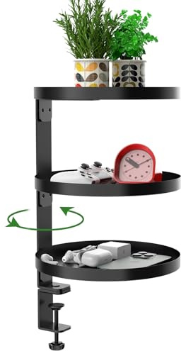 ROLIZOE 3 Stufen Clamp-On Schreibtisch Regalaufsatz mit Verstellbarem Ablagefach 360 Drehbar Unter Schreibtisch Aufbewahrung kein Bohren rutschfest Schreibtisch Organizer für Heim und Büro