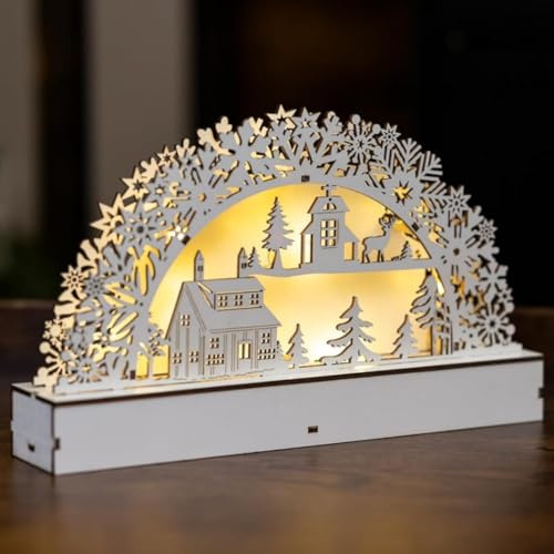 Marco Paul Holz-Kerzenbrücke – batteriebetriebener Weihnachts-Kerzenbogen mit festlicher Dorfszene vorbeleuchtete warme LED-Lichter – traditionelle Weihnachtsfensterlichter aus Holz für den