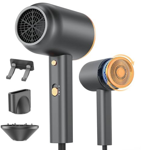 Seche Cheveux Ionique Professionnel,Sèche Cheveux Avec Diffuseur Buse de Coiffage et Support Mural,Bouton chaud/froid, 3 Niveaux de Chaleur, 2 Vitesses, 1800W Sèche-cheveux Voyage Petit (Noir)