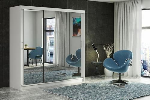 Modern Sliding Double Door Wardrobe with Full Size Mirror, 2/3 Doors, up to 8 Drawers and 4 Hanging Rails Colours: WHITE/BLACK/OAK/GREY Width: 100cm/120cm/150cm/180cm/200cm (White, 200cm 2 Drawers)