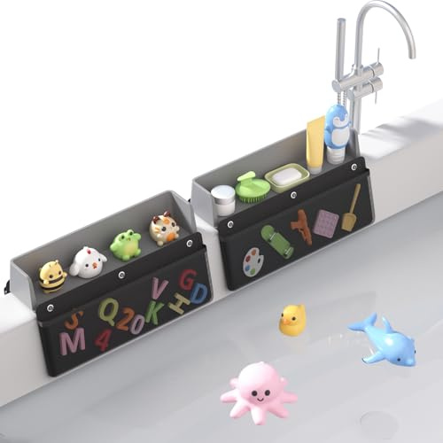 Silicone Bathtub Splash Guard 2-Pack with 10 Suction Cups & Hanging Mesh Shower Caddy, Tub Topper Splash Guard for Kids Bath Tub Water Guard Tub Ledge Protector with Detachable Mesh Shower Organizer