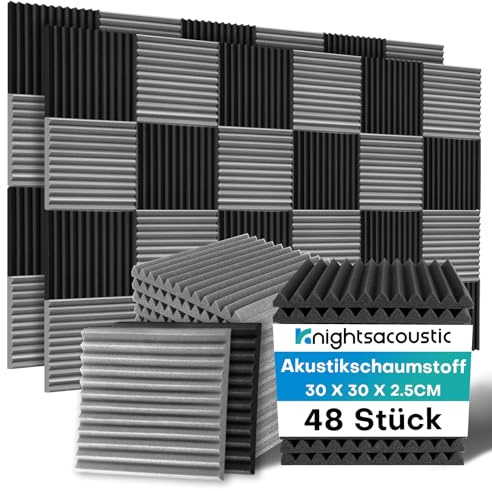 48 Stück Akustikschaumstoff Schalldämmung, 2.5 X 30 X 30CM Schallschutzplatten, Schalldämmung Schaumstoffplatte Akustikpaneele für Tonstudio Podcasts Youtube-Zimmer, Schwarz + Grau