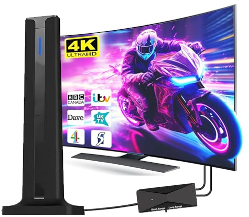 Indoor TV Aerial, Digital TV Aerial for Smart TV with Amplifier Signal Booster, Portable TV Aerials with Strong Signal Long Range Reception, TV Antenna Indoor Support 4K 1080P HDTV, 5M Coax Cable