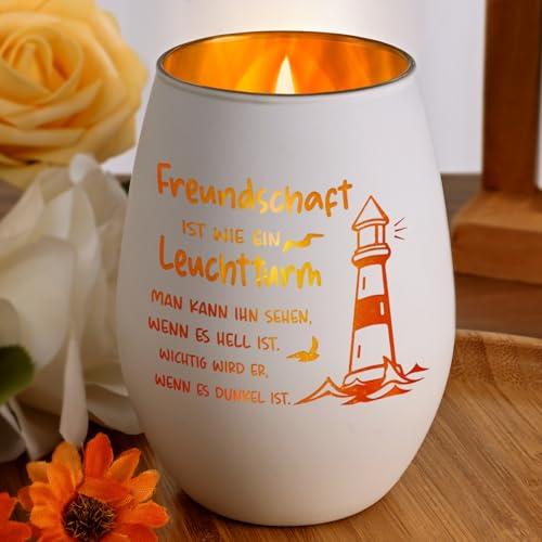 Joymaking Windlichter mit Gravur - Freundschaft ist wie EIN Leuchtturm, Windlicht Geschenke für Freundin, Beste Freundin Geschenke Geburtstag Weihnachten, Leuchtturm Deko, Kerzenhalter Weiß