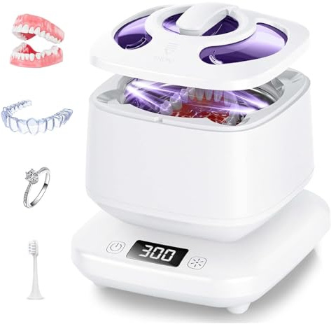 Pulitore a ultrasuoni, 45 kHz, grande capacità, 230 ml, per dentiere, fermi, allineatori, paradenti, testine e gioielli (bianco)