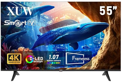 XUW Téléviseur intelligent UHD 4K 55 pouces, rétro-éclairage D-LED, design sans bordures, interface HDMI USB DVB-T2/S2 RJ45, grand écran pour salon, chambre, divertissement à domicile – Noir