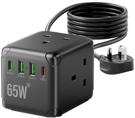 Cube Extension Lead with USB C Slots(PD65W), 3 Way USB Extension Lead with Switch, UK Plug Extension Cord with 2 USB A & 2 USB C Ports, 13A Overload Protected Extension Lead 3m for Home, Black