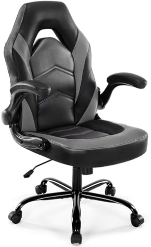 DUMOS Ergonomic Computer Gaming Chair with Flip-up Armrest, Height Adjustable PU Leather Home Office Desk Chair with Lumbar Support Swivel Wheels and for Adults and Kids, Black and Gray