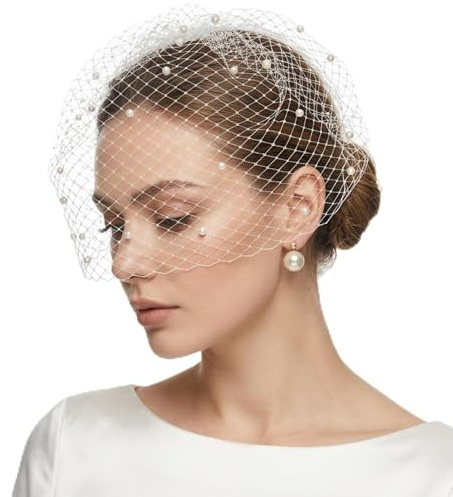 Ginwrek Birdcage Schleier Stirnband - Vintage Braut Gesichtsschleier mit eleganten Perlen für Hochzeit & Fotografie