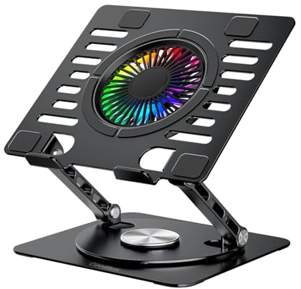 CoolAir - Soporte Portátil con Ventilador Silencioso RGB de 11cm, Base Ajustable en Altura y Giro 360º, Refrigerador Portátil con Velocidad Ajustable, Tablets/Portátiles hasta 17.3. Aluminio, Negro