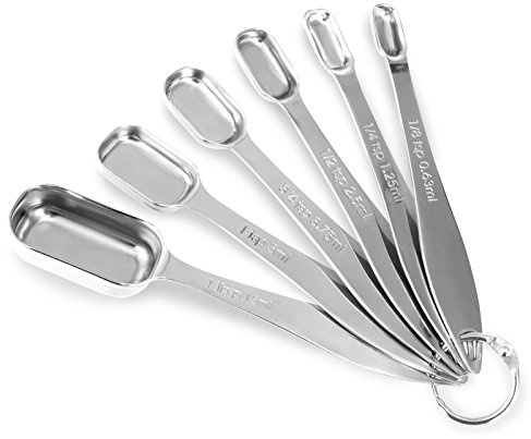 Accurate 18/8 Stainless Steel Measuring Spoons, Heavy Duty Good Handle Set of 6 Measuring Spoon with Ring Connector, Silver | Six Engraved US and Metric Sizes From 1/8 TSP to 1 Tbsp Fit Narrow Spice Jars and Stay Together On an O-shaped Ring