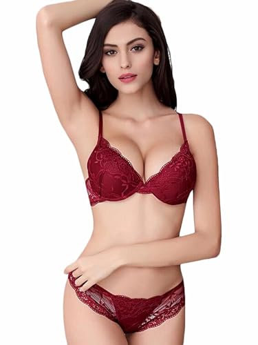 Bluewhalebaby Sexy Push Up Bras Set Transparent Underwear Lingerie Lace Bra & Matching Knicker for Women Wine Red UK Size 34A = Asian Tag Size 36A