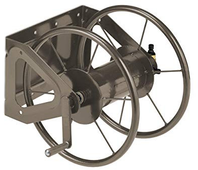 Relaxdays Portamangueras, Acero, Mangueras 60 m, 2 Acoplamientos de Clic, Montaje Pared y Suelo, 42 x 53 x 46 cm, Marrón