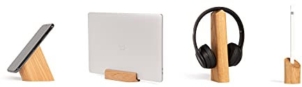 GEO Gadgets Desk Accessories (Oak, Combo of 4: Risco, Loma, Mallo and Sima) WOODENDOT Stand for Mobile, Laptop, Headphones and Smart Pen, Minimalist Style