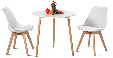 H.J WeDoo Essgruppe mit 1 Tisch 2 Weiß Stühle Holztisch und Skandinavisches Stuhl Esstisch Set für Esszimmer Küche Garten