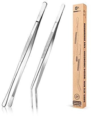 BUNDLEPRO Juego de 2 Pinzas de Cocina Profesionales, Pinzas Finas de Acero Inoxidable para Reparar Comida, Mariscos Y Barbacoa（Plateado）