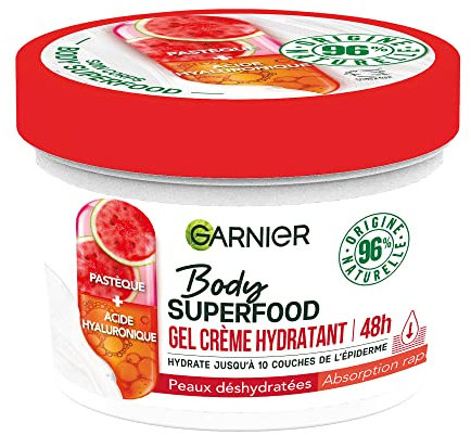 Garnier - Body Superfood - Gel Crème Soin Corps - Hydratation 48H - Formule Vegan & à 96% d'Origine Naturelle - À la Pastèque & à l'Acide Hyaluronique - Pour Peaux Déshydratées - 380 ml
