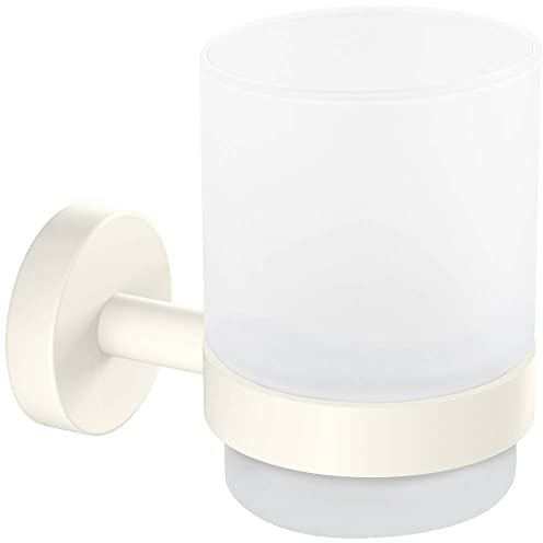 tesa Moon White Zahnputzbecher mit Halterung - 70 mm x 96 mm x 109 mm | Zahnbürstenhalter zur Wandbefestigung ohne Bohren - aus satiniertem Glas und pulverbeschichtetem Metall - inkl. Klebelösung