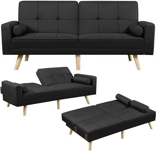 Yaheetech Klappsofa Couch mit Verstellbarer Rückenlehne, Loungesofa Liegefläche 163 x 106 cm, fürs Wohnzimmer/Schlafzimmer/Gästezimmer, Schwarz