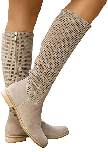 Briskorry Botines/zapatos de transición, bajos, clásicos, de media caña, con cordones, de ante, con punta puntiaguda, con cierre de cremallera, para mujer, beige, 40 EU