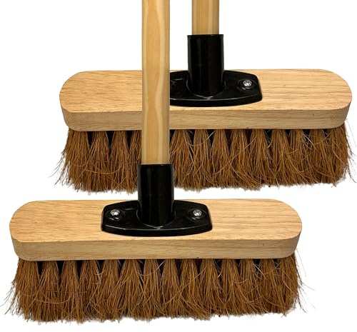 10” Indoor Soft Broom Sweeping Brush with Wooden Handle Natural Coco Bristles Indoor Floor Brush with Durable Support Bracket Cleaning Brush for Office Room and Garage (PACK OF 2)