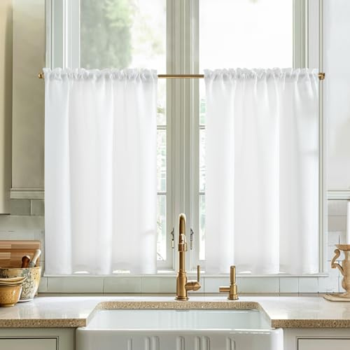 Vangao Scheibengardinen Modern küche Weiß Leinenoptik Lichtdurchlässig Bistrogardine 2er Set 90 x 60 cm Uni Gardinen Kurz Landhausstil Vorhänge für Wohnzimmer Schlafzimmer Wohnmobil kaffeehaus