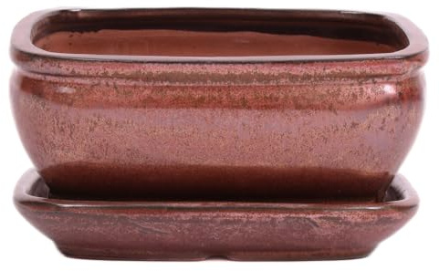 Bonsai-Shopping Bonsai - Schale eckig 16 x 13 x 7.5 cm, Kupfer, mit Untersetzer 23170 | Keramik-Bonsaischale mit Untersetzer, kupferfarben glasiert, mit 2 Drainageöffnungen