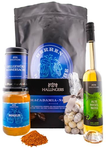 Hallingers Genuss Manufaktur Feinkost Vatertagsgeschenk-Set - XXL-Wundertüte Herrenhandtasche großes Mitbringsel Haselnusslikör, Gewürz, Biergelée & Nougat-Mandeln, Geschenkidee für Papa Opa