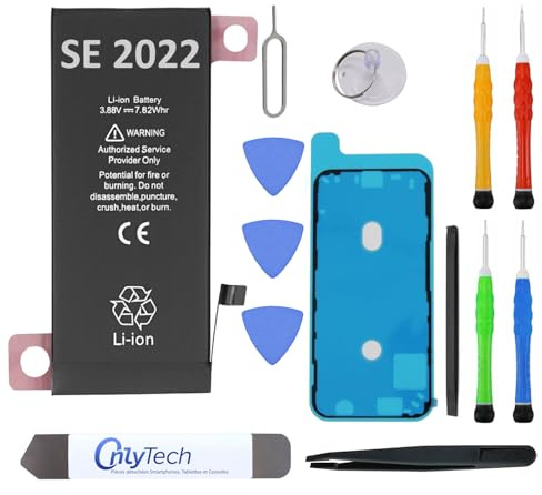 OnlyTech - Batterie Premium de Remplacement pour iPhone SE 3 (2022) - 2018mAh, identique à l'original - Kit 12 Outils Professionnels et adhésif écran Inclus