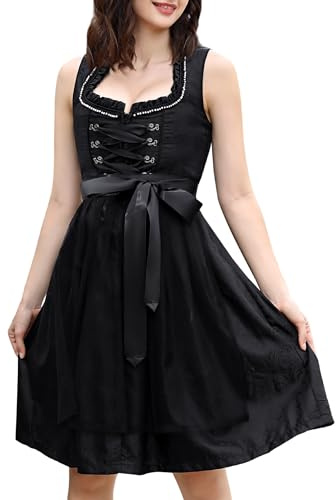 KOJOOIN Dirndl Midi Traditionell Klänning för Kvinnor Med Spetsförkläde 2-delad. för Oktoberfest Black (High-End) 38