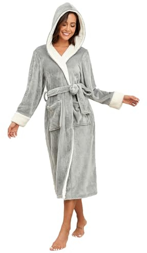 RONGTAI Bata de baño con capucha de forro polar de felpa para mujer, camisón grueso, bata larga con dos bolsillos laterales y cinturón, Gris, M
