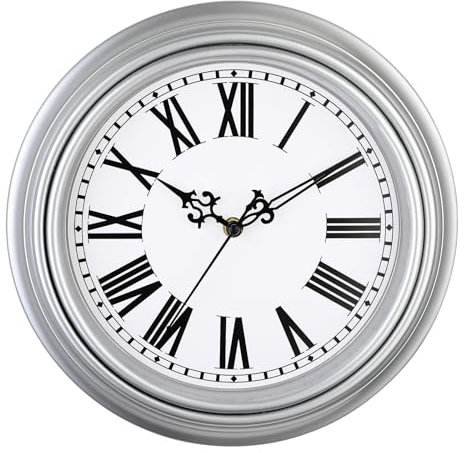 Plumeet Orologio da Parete Retrò, Orologio Numeri Romani Silenzioso Classico da 30cm Senza Tick, Adatto per Decorare Soggiorno, Camera da Letto, Alimentazione a Batteria, Argenteo