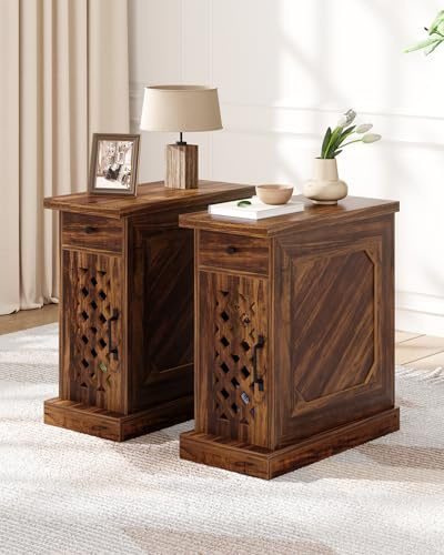 Tribesigns Rustic Wood End Table, Narrow Side Table with Drawer and Cabinet, Farmhouse Nightstand End Table for Small Space, Living Room, Bedroom, Rustic Brown (2)