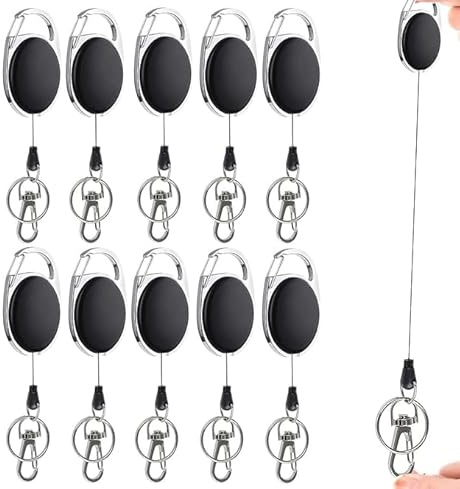 10 Piezas Llavero Retractil, Juego de Llaveros Retráctiles Mosquetón de Carrete de Tarjeta y Clip de Cinturon con Cordón de Nylon Extensible 65cm para Soporte de Tarjeta ID