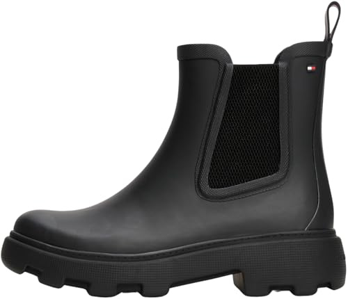 Tommy Hilfiger Donna Stivali in Gomma Rubber Rainboot con Tacco Quadrato, Nero (Black), 38