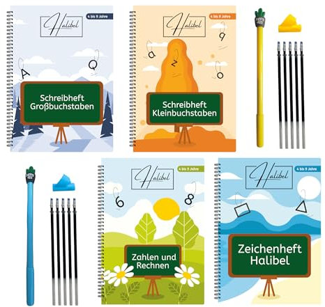 Magisches Heft von 4 bis 9 Jahren -4 Hefte- Wiederverwendbare Übungshefte für Kinder – Vorschule Übungshefte, Schreiben Lernen, Schreiblernheft für Jungen & Mädchen -2 Stifte,2 Griffe,10 Nachfüllungen