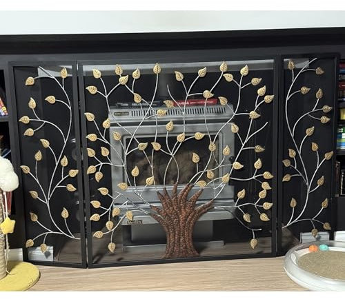 Kaminschutzgitter Faltbarer Kaminschirm mit 3D-Blattmuster auf Ranke, 3-teiliges Kaminschutzgitter für Zuhause, Wohnzimmer, Bauernhaus, Metall-Flammensperre für Drinnen und Draußen(Height 85cm(33))