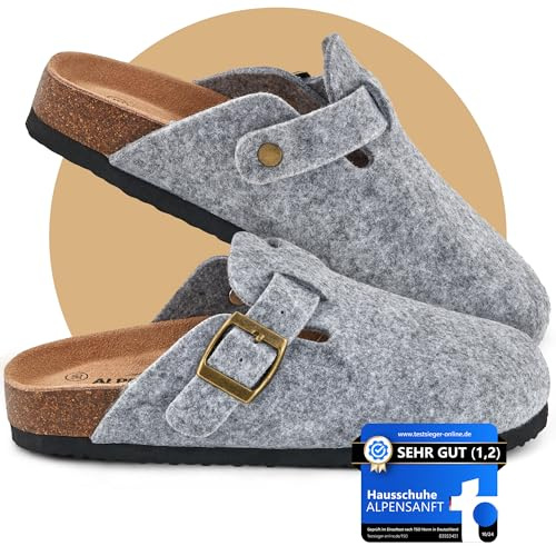 Alpensanft Damen Herren Clogs Hausschuhe mit Riemen Filz Grau Korksohle Unisex (36-45) Gepolsterte Echtledersohle (Dunkelgrau, EU Schuhgrößensystem, Erwachsene, Numerisch, M, 45)
