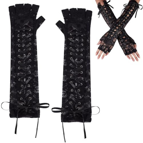 AHANDMAKER Fingerlose Handschuhe Zum Schnüren Lange Ellbogenhandschuhe Gothic Punk Spitzen Armwärmer Handschuhe Armstulpen Aus Spitze Für Damen Hochzeit Braut Tanz Kostümparty