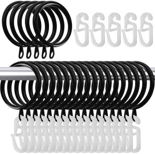 yixiaoboda 50 Pack Curtain Rings and Hooks, 30mm Metal Drapery Hanging Rings & 50pcs Curtain Hooks Plastic White for Curtains and Rods, Drape Sliding Eyelet Rings(Black, 50 Pack)