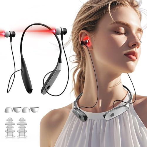 Thérapie par lumière rouge pour oreilles, dispositif de thérapie par lumière rouge 2 en 1, dispositif portable de soulagement des acouphènes avec trois paires de bouchons d'oreille