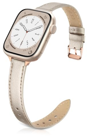 Tuocal Bracelet fin en cuir véritable compatible avec Apple Watch 38 mm, 40 mm, 41 mm, 42 mm (Series 10) - Bracelet fin en cuir véritable pour iWatch séries 10 9 8 7 6 5 4 3 2 1 SE Femme