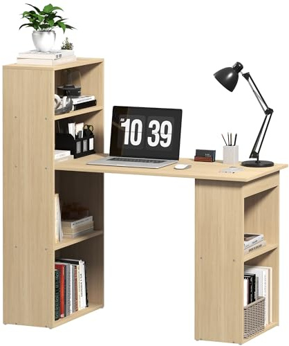 HOMCOM 120cm Computer Desk, Wooden PC Laptop Table with 6-Tier Storage Bookshelves, Home Office Working Study Desk, Writing Workstation, Natural Wood