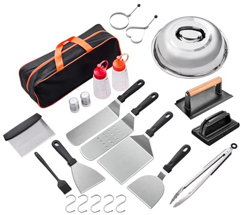 24Pcs Griddle Accessories Kit, Flat Top Grilling Accessories for Blackstone and Camp Chef, Perfect Grill Spatula Set Tools, Basting Cover, Scraper for Outdoor Barbecue (24 PCS Accessories KIT)