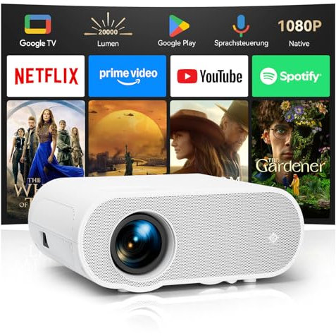 Beamer【Google TV/Netflix】 Beamer 4K mit Play Store, 20000 Lumen Mini projektor Full HD 1080P, LED projektor 4K Heimkino mit Sprachsteuerung, Projektor Handy Kompatibel mit Smartphone/Laptop/HDMI