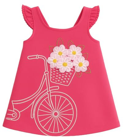 Mayoral 3962 Vestido para niña, 3-9 años, rosa con flores aplicadas, tirantes con volante, espalda estilo nadador, jersey de algodón elástico, fucsia, 4 años
