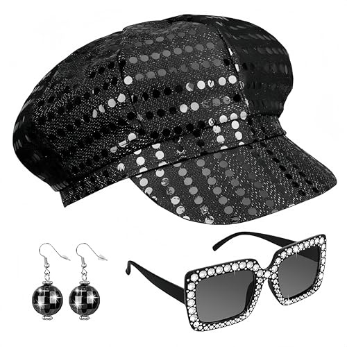 SDXCJY 3 sombreros de lentejuelas de los años 70, sombrero de discoteca plateado para adultos, accesorios Abba para mujer, con lentes de sol cuadrados con lentejuelas, conjunto de disfraz de discoteca