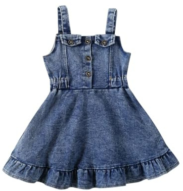 HEOXIN Newborn Baby Girls Button Denim Dress, Infant Sleeveless Suspenders Princess Dress with A-line Hem for Shooting Birthday Party 3-4 Years, Blue